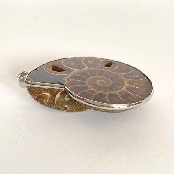 Large Brown Iridescent Ammonite Spiral Fossil Sterling Silver Pendant 2in Long - Picture 7 of 10